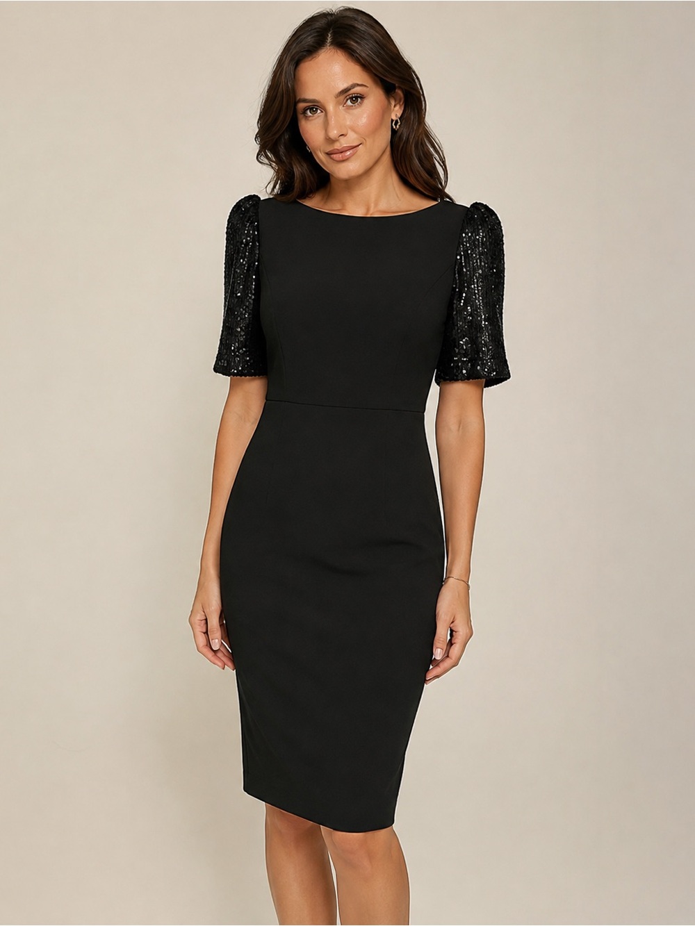 Eliza J Women’s Size 8 Black Sheath Dress Sequin Puff Sleeves Cocktail Party